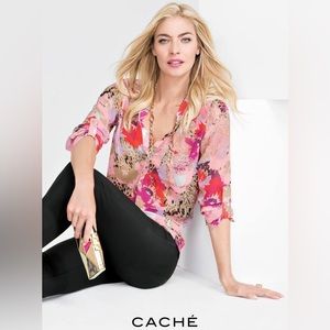 Cache Semi-Sheer Floral/Animal Printed Button Back Blouse Sz L